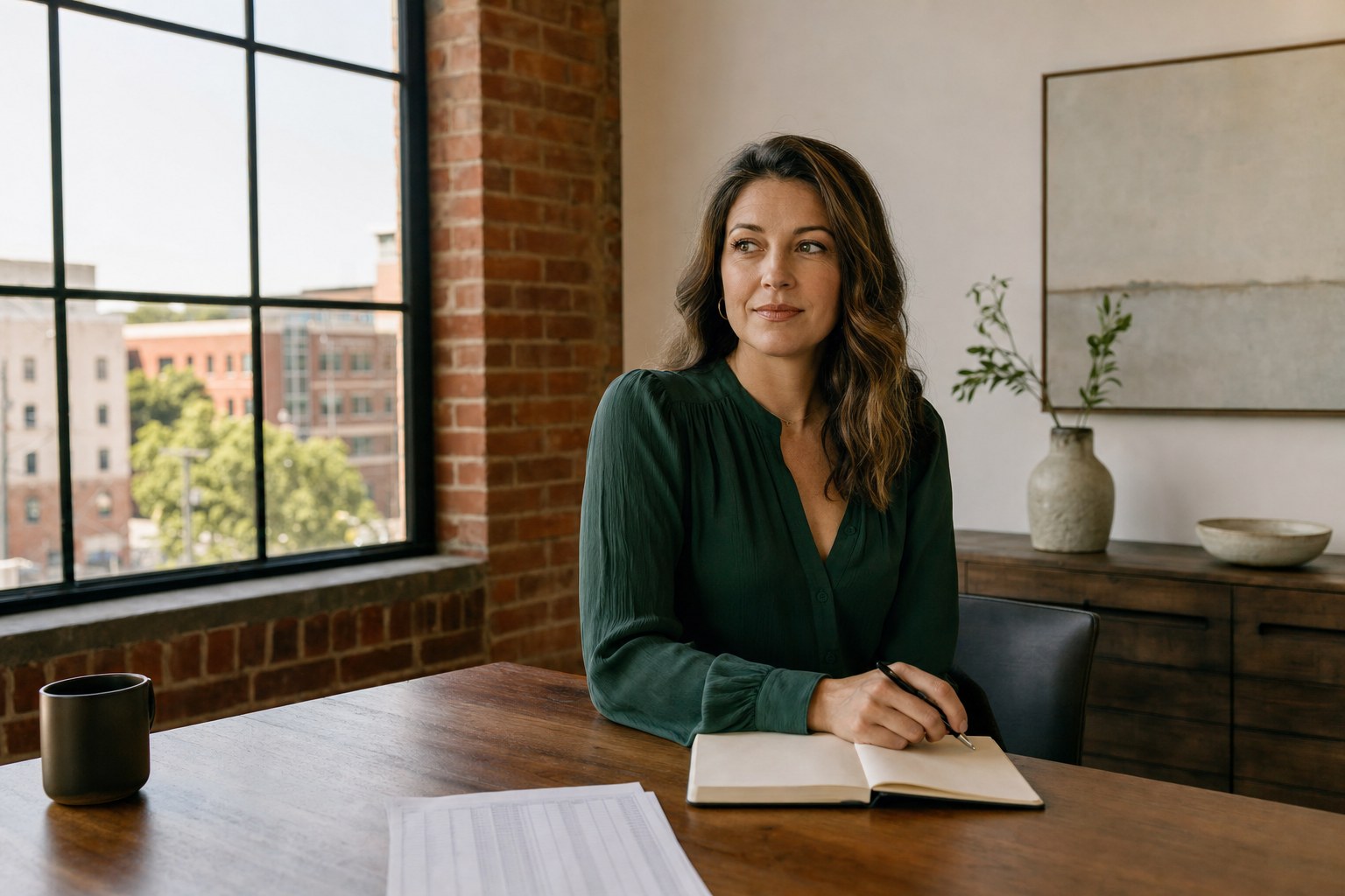 Portrait of a female financial advisor in a brick office