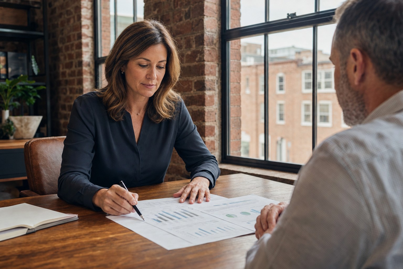 Financial advisor reviewing printed forecasts with a business owner