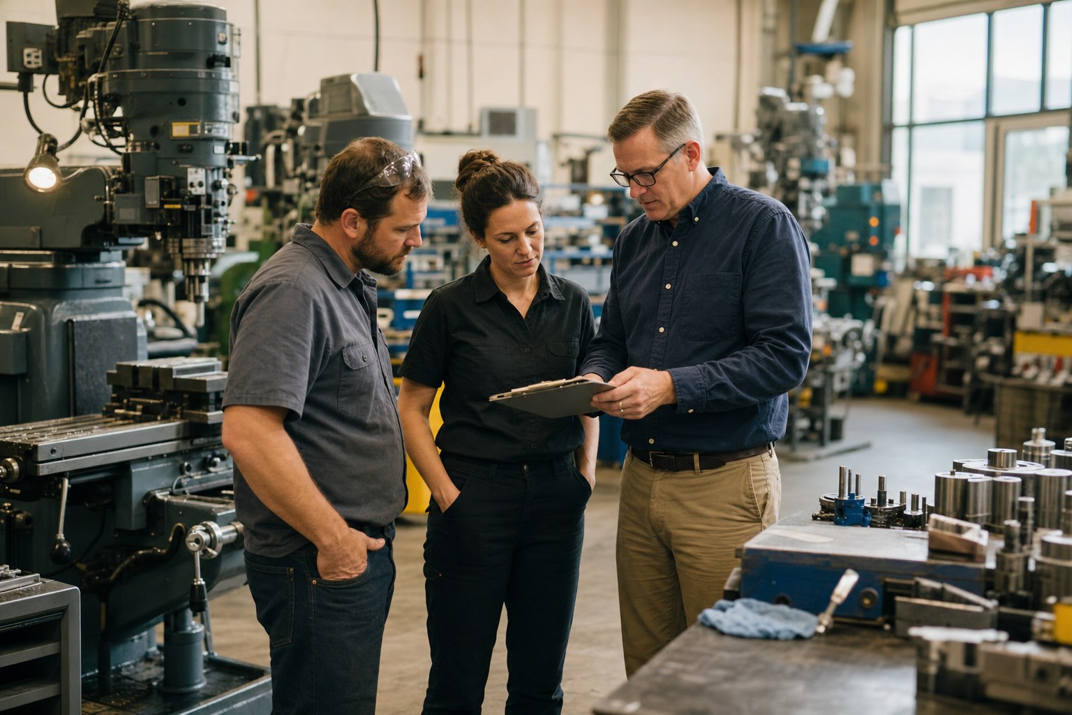 Owner-operators and finance advisor reviewing plans on a manufacturing floor