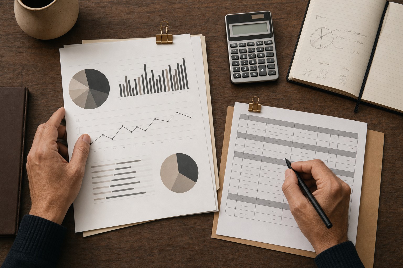 Financial report and handwritten planning notes on a walnut table